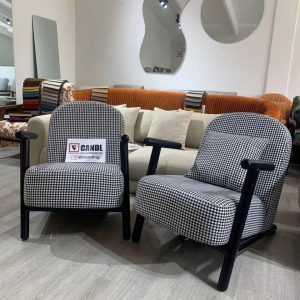 Accent chairs with wooden arm rest and stand.