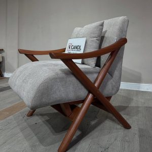 Grey accent chair with wooden legs