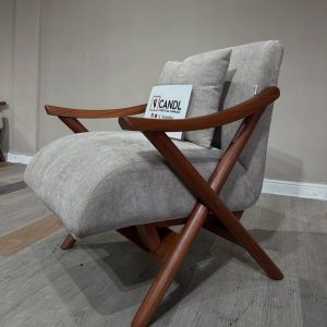 Grey accent chair with wooden legs