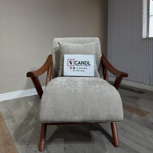 Grey accent chair with wooden legs