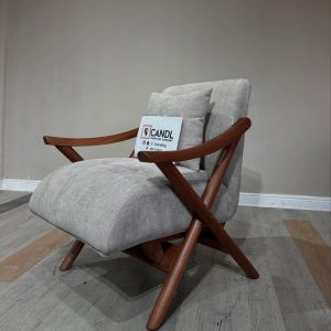 Grey accent chair with wooden legs