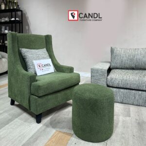 L-shape, paired with a bold accent chair and plush ottoman