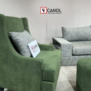 L-shape, paired with a bold accent chair and plush ottoman