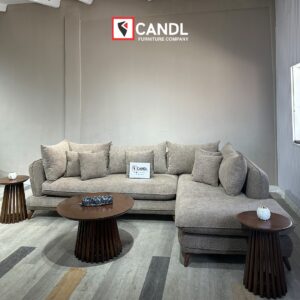 L-Shape Sofa, paired with a sleek center table and two side stools