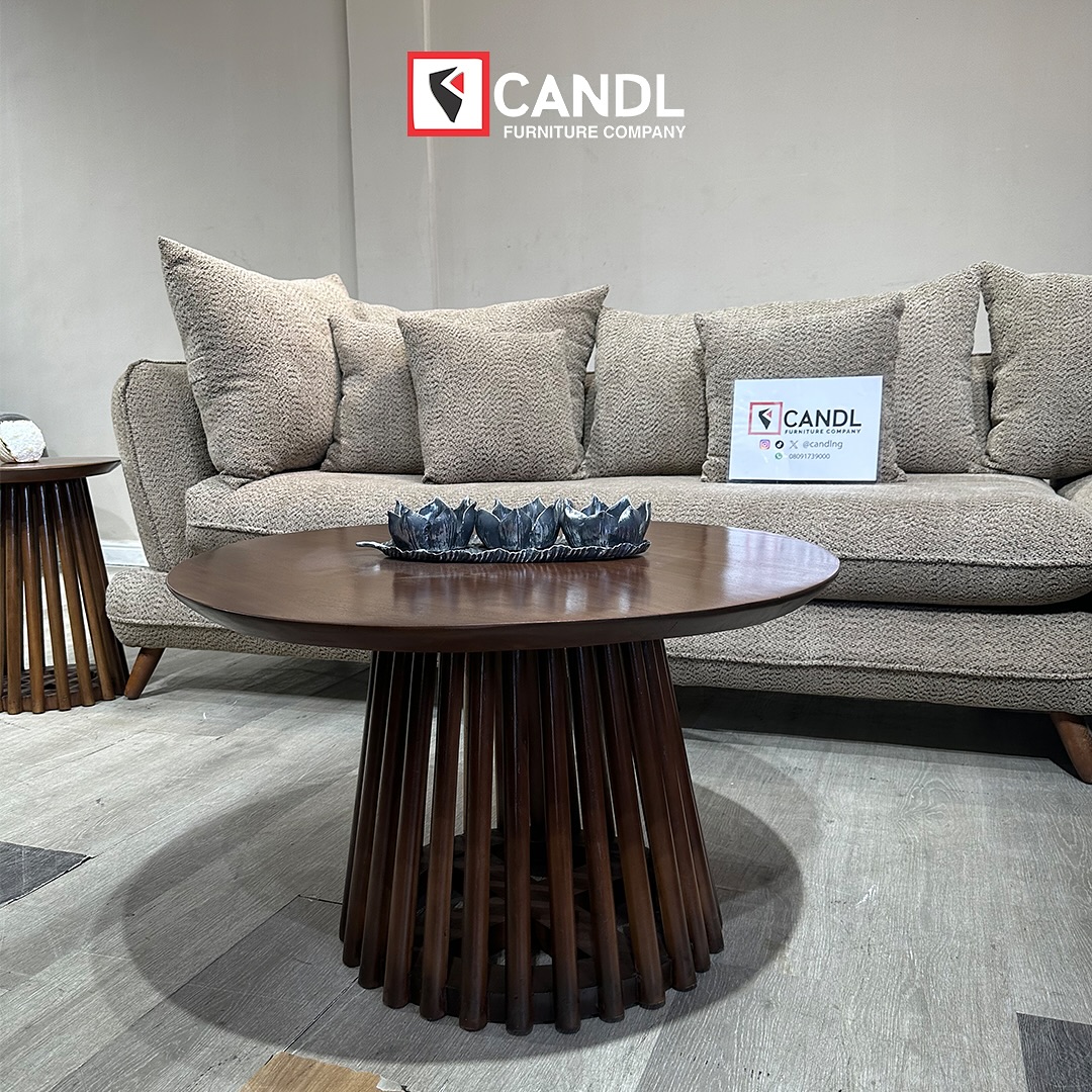 L-Shape Sofa, paired with a sleek center table and two side stools