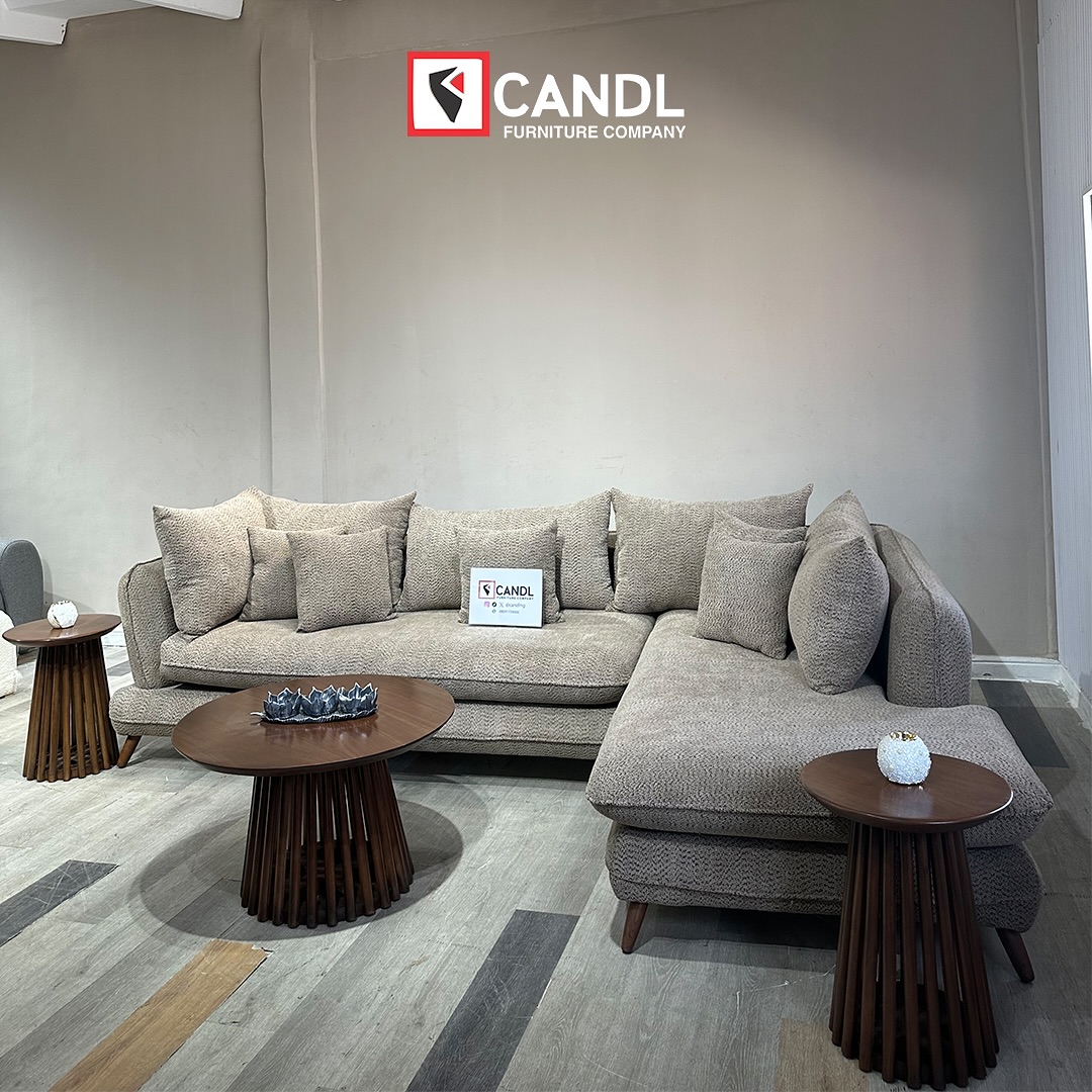 L-Shape Sofa, paired with a sleek center table and two side stools