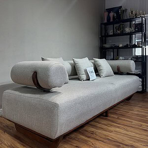 4-seater sofa with a sturdy wooden base and stylish wooden stand
