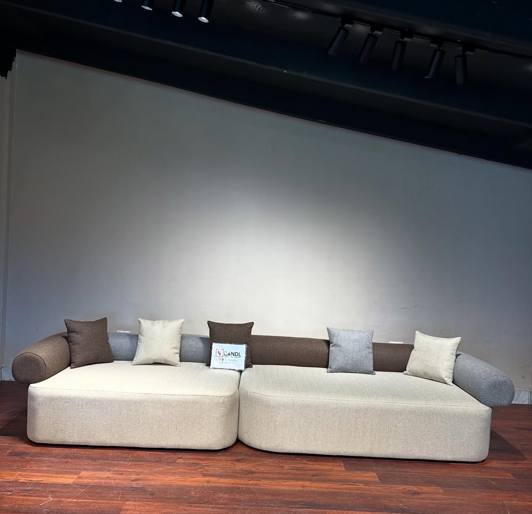 3-tone( beige, brown, and grey hues) 5-seater modular sofa combines