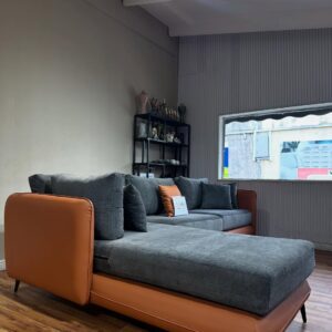 L-shaped with leather and soft elegance of fabric.